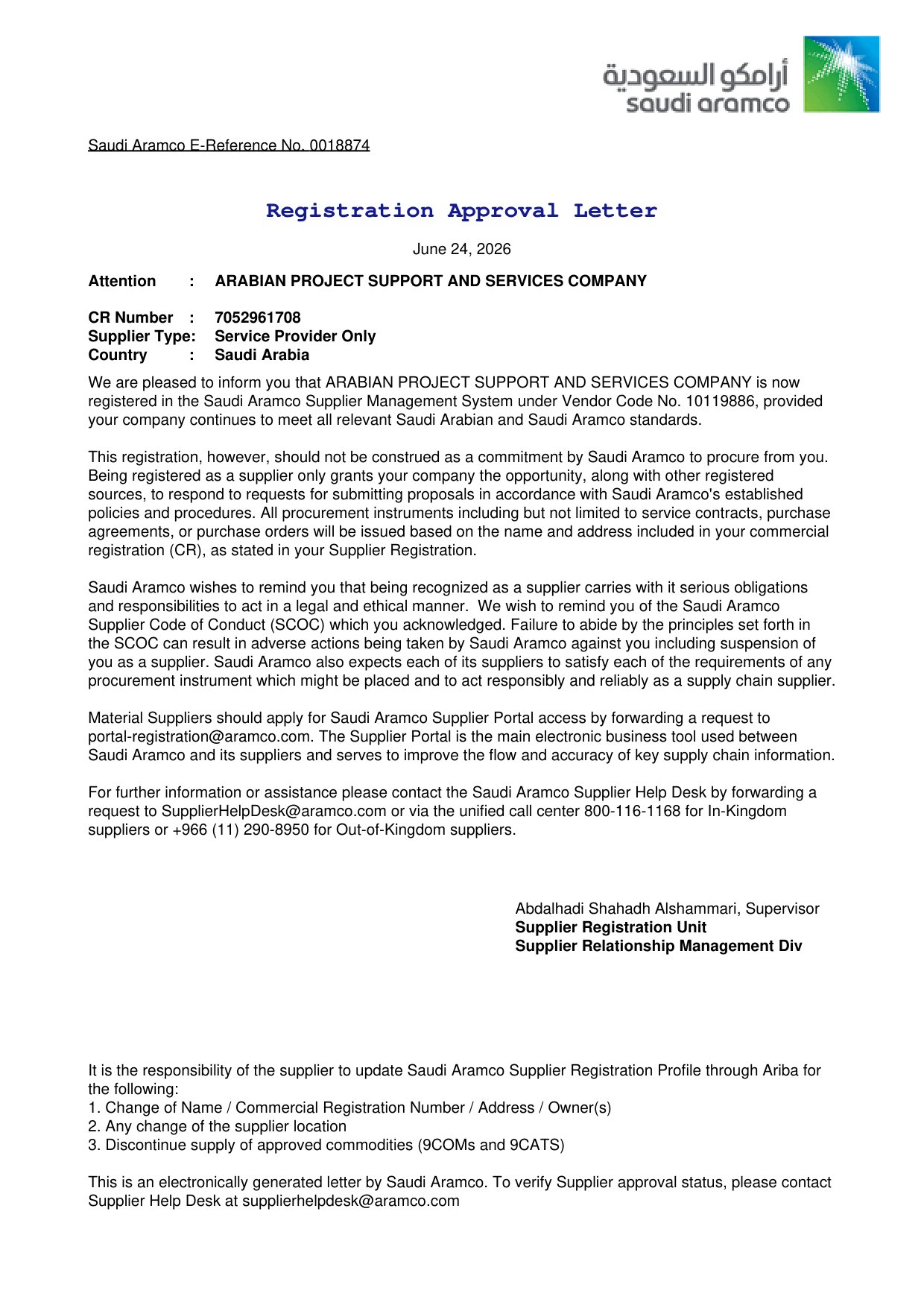 Saudi Aramco registration approval letter for APSS