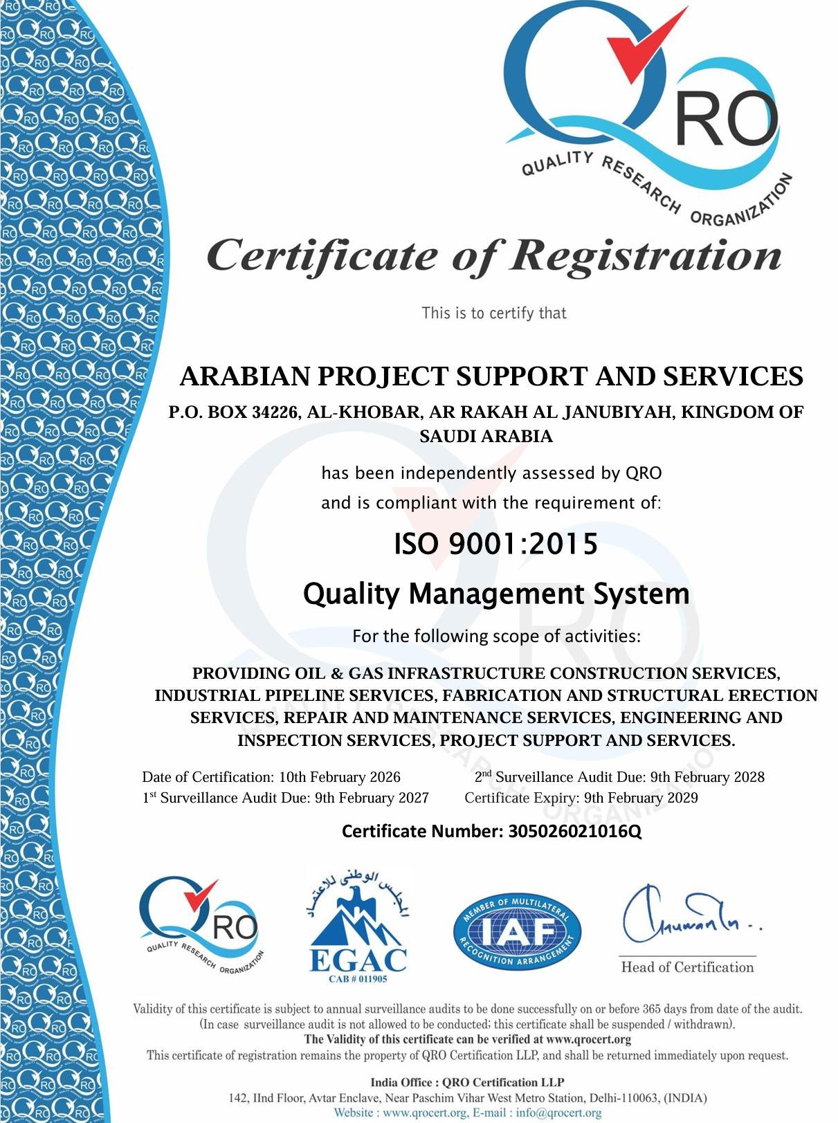 ISO 9001:2015 certificate of registration for APSS
